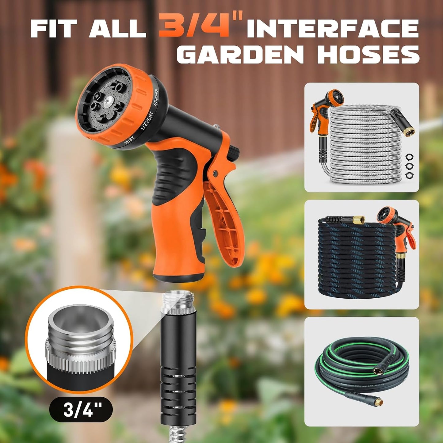 Garden Hose Nozzle with 10 Spray Patterns – Hose Sprayer Nozzle for Car Washing, Pet Bathing & Lawn Care with Lock Feature & Comfort Grip – Fits All 3/4" Standard Hoses Thread