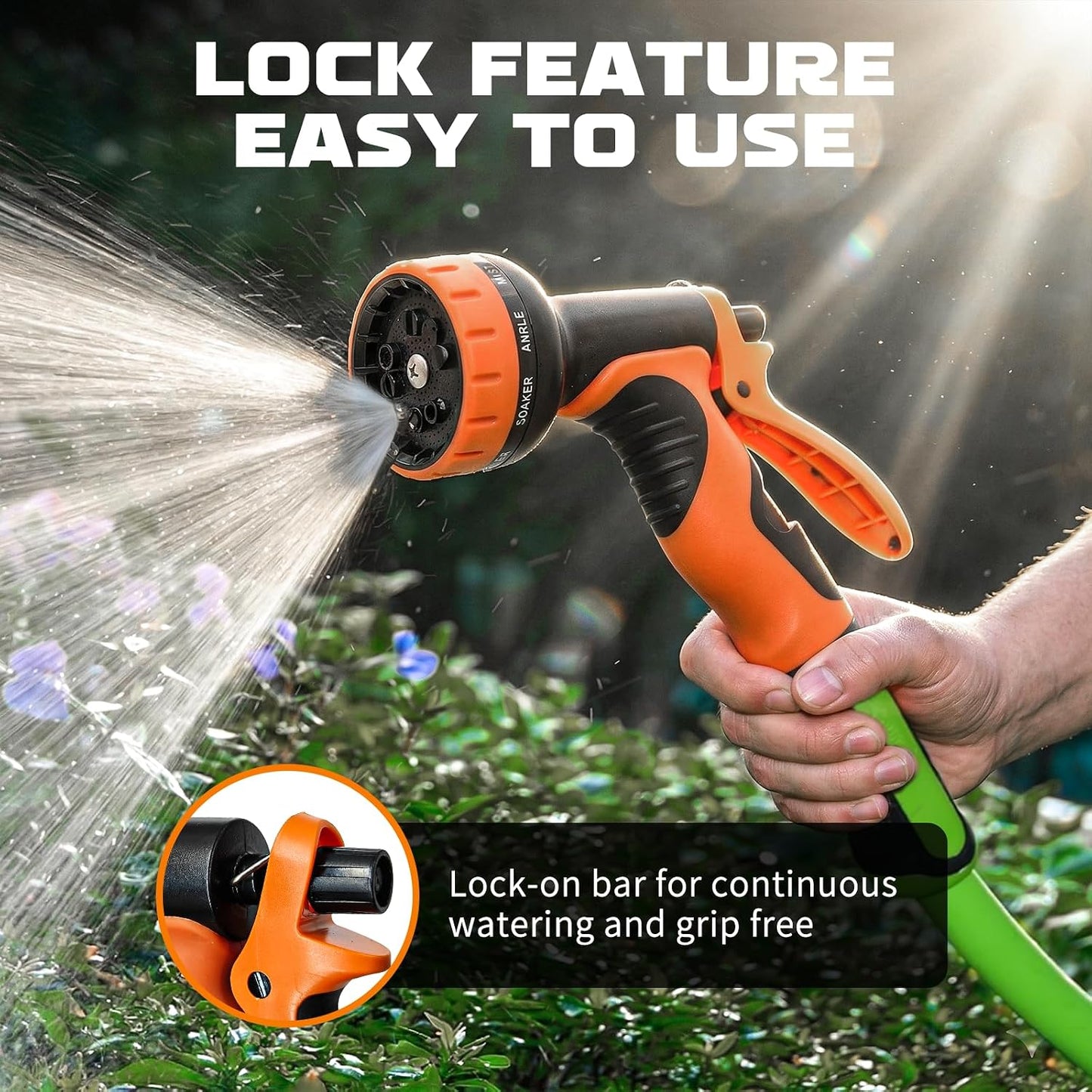 Garden Hose Nozzle with 10 Spray Patterns – Hose Sprayer Nozzle for Car Washing, Pet Bathing & Lawn Care with Lock Feature & Comfort Grip – Fits All 3/4" Standard Hoses Thread