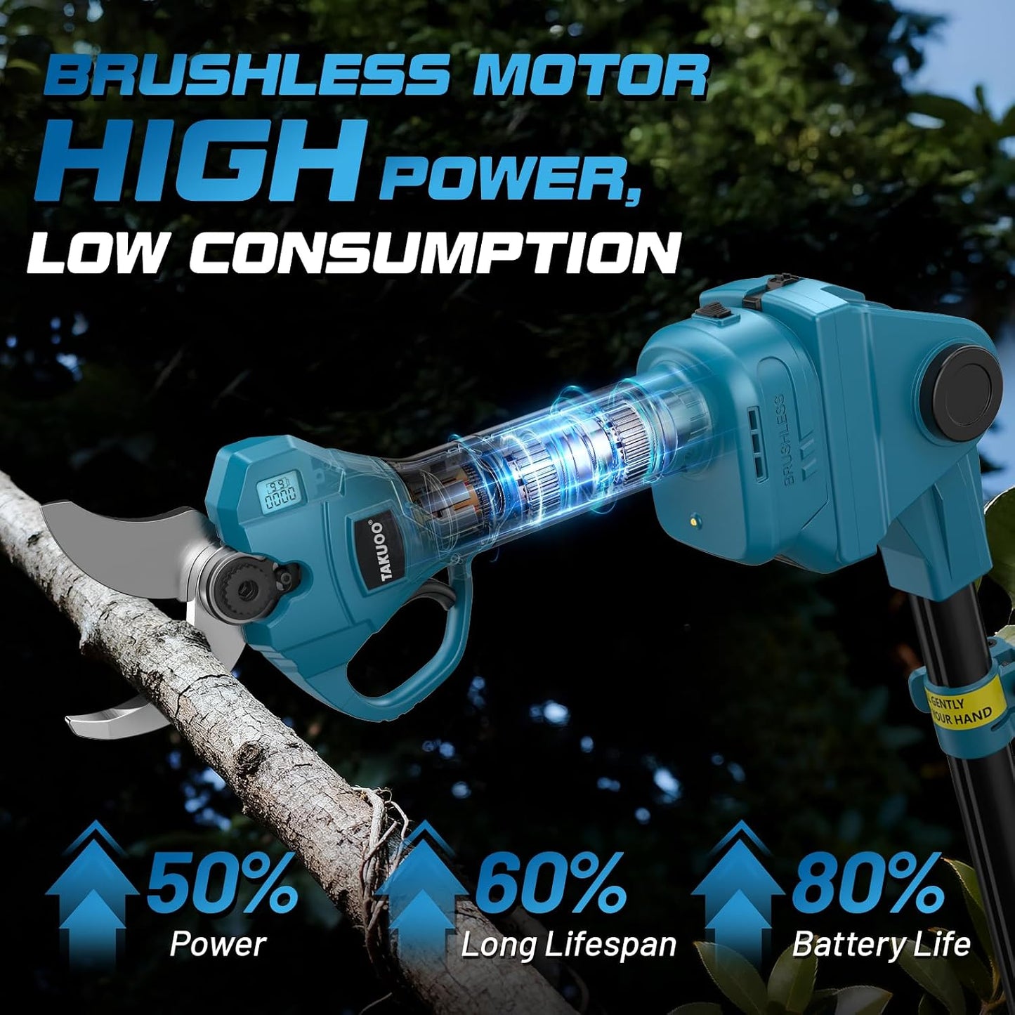 Cordless Electric Pruning Shears with Pole, 2.4" Cutting Diameter