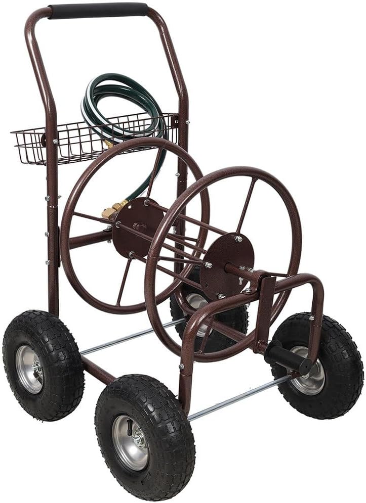 Heavy Duty Garden Hose Reel Cart with Wheels, Holds Up to 250 ft of 5/8" Hose, Rust-Resistant Powder-Coated Steel Frame, Pneumatic Tires, Storage Basket, Quick Connectors & 6.5 ft Inlet Hose, Bronze