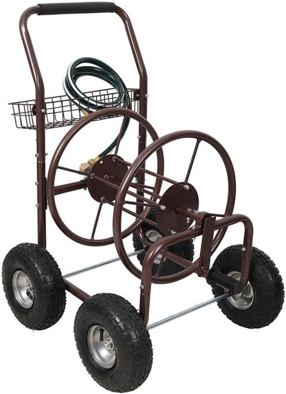Heavy Duty Garden Hose Reel Cart with Wheels, Holds Up to 250 ft of 5/8" Hose, Rust-Resistant Powder-Coated Steel Frame, Pneumatic Tires, Storage Basket, Quick Connectors & 6.5 ft Inlet Hose, Bronze