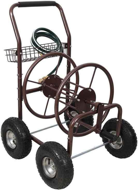 Heavy Duty Garden Hose Reel Cart with Wheels, Holds Up to 250 ft of 5/8" Hose, Rust-Resistant Powder-Coated Steel Frame, Pneumatic Tires, Storage Basket, Quick Connectors & 6.5 ft Inlet Hose, Bronze