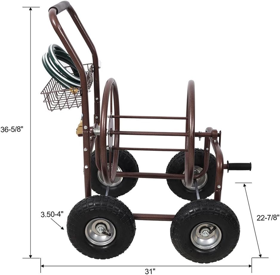 Heavy Duty Garden Hose Reel Cart with Wheels, Holds Up to 250 ft of 5/8" Hose, Rust-Resistant Powder-Coated Steel Frame, Pneumatic Tires, Storage Basket, Quick Connectors & 6.5 ft Inlet Hose, Bronze