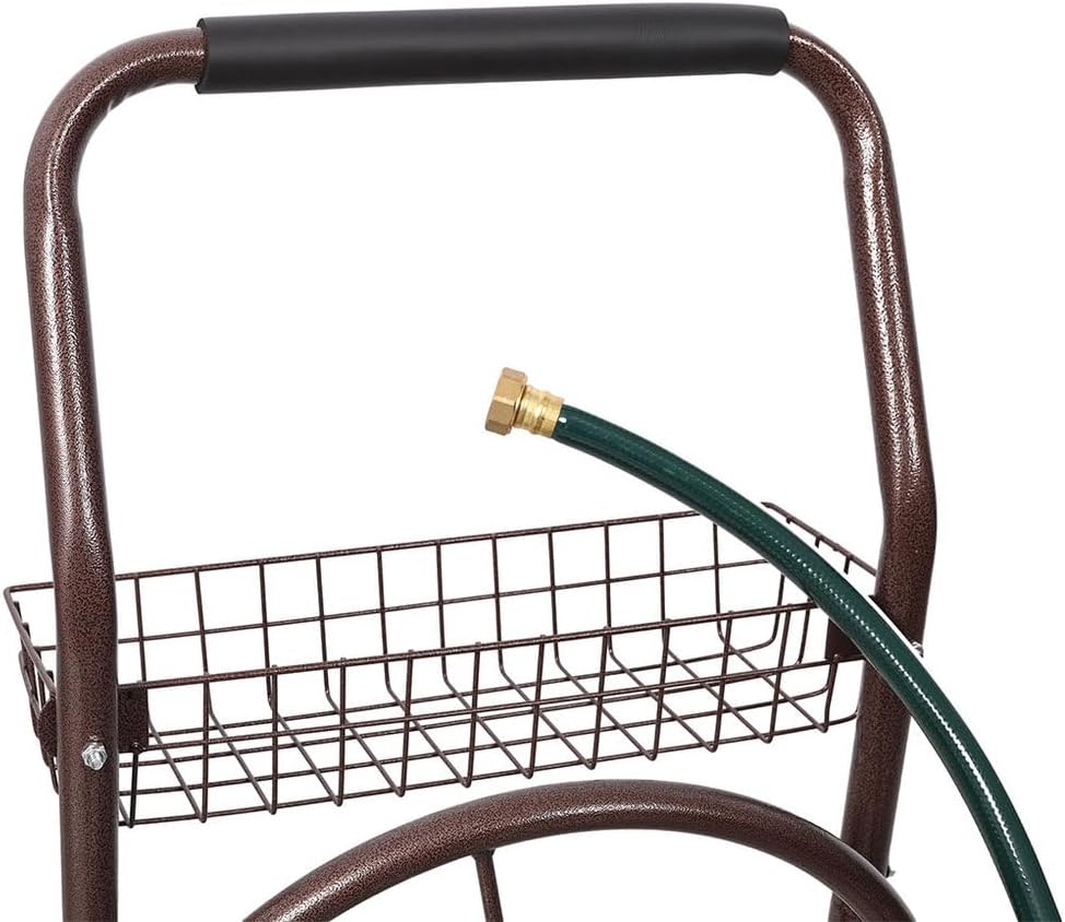 Heavy Duty Garden Hose Reel Cart with Wheels, Holds Up to 250 ft of 5/8" Hose, Rust-Resistant Powder-Coated Steel Frame, Pneumatic Tires, Storage Basket, Quick Connectors & 6.5 ft Inlet Hose, Bronze