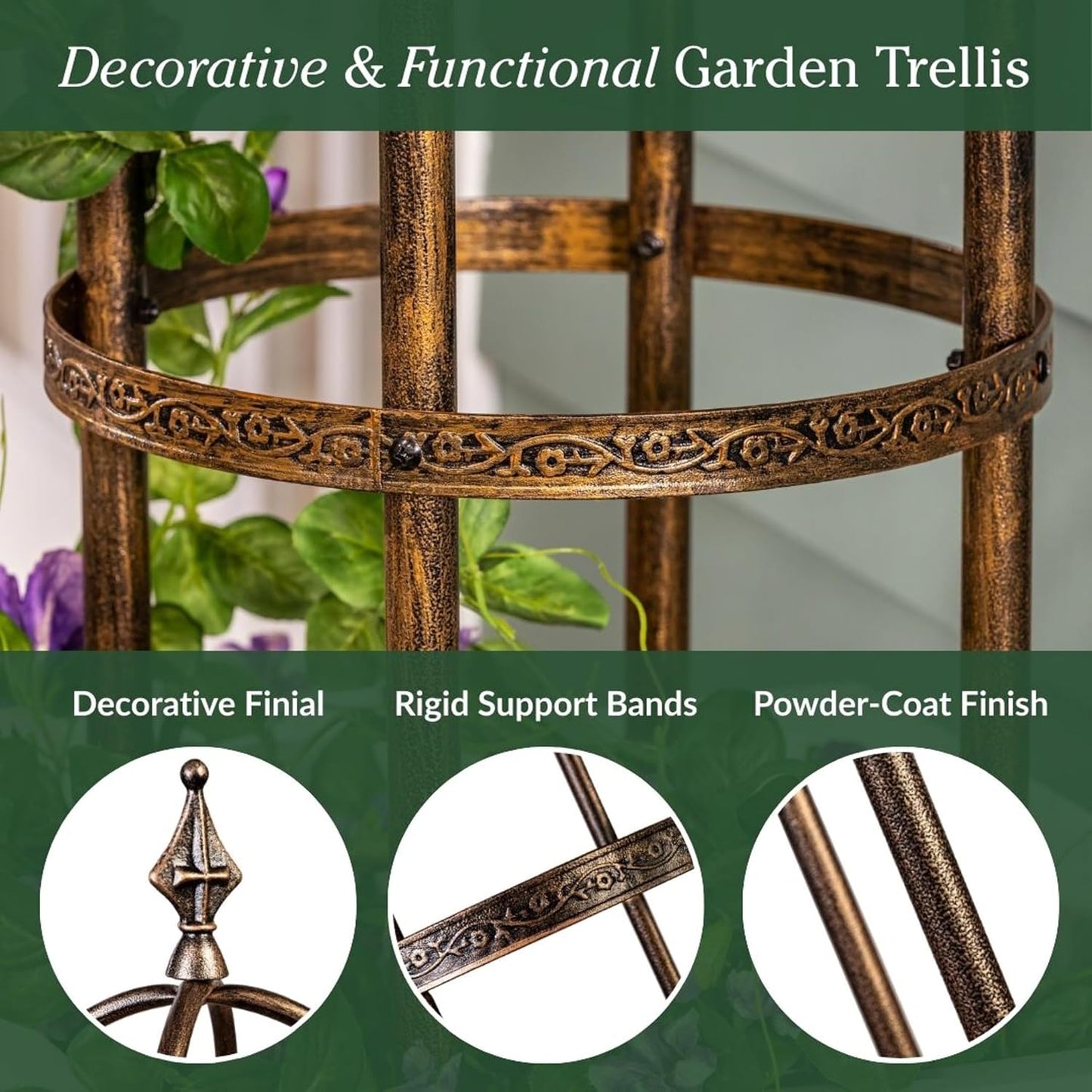 Evergreen 5 ft Garden Trellis for Climbing Plants Vines, Jasmine & Flowers, Rustproof Metal Obelisk Trellises, Outdoor & Indoor Plant Support for Potted Planters (Antique Copper)
