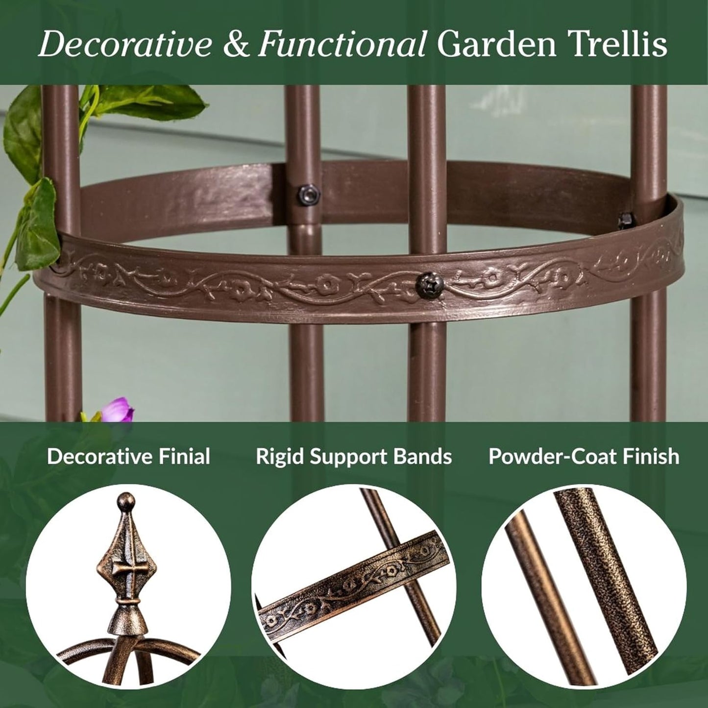 Evergreen 5 ft Garden Trellis for Climbing Plants Vines, Jasmine & Flowers, Rustproof Metal Obelisk Trellises, Outdoor & Indoor Plant Support for Potted Planters (Antique Copper)