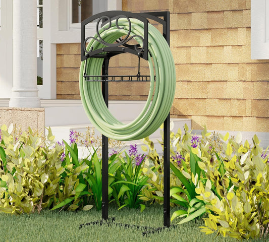 Freestanding Garden Hose Holder with Storage Basket - Heavy-Duty Black Powder-Coated Steel, Holds 150FT Hose, Detachable & Portable Design with Assembly Tools, Ideal for Outdoor Use