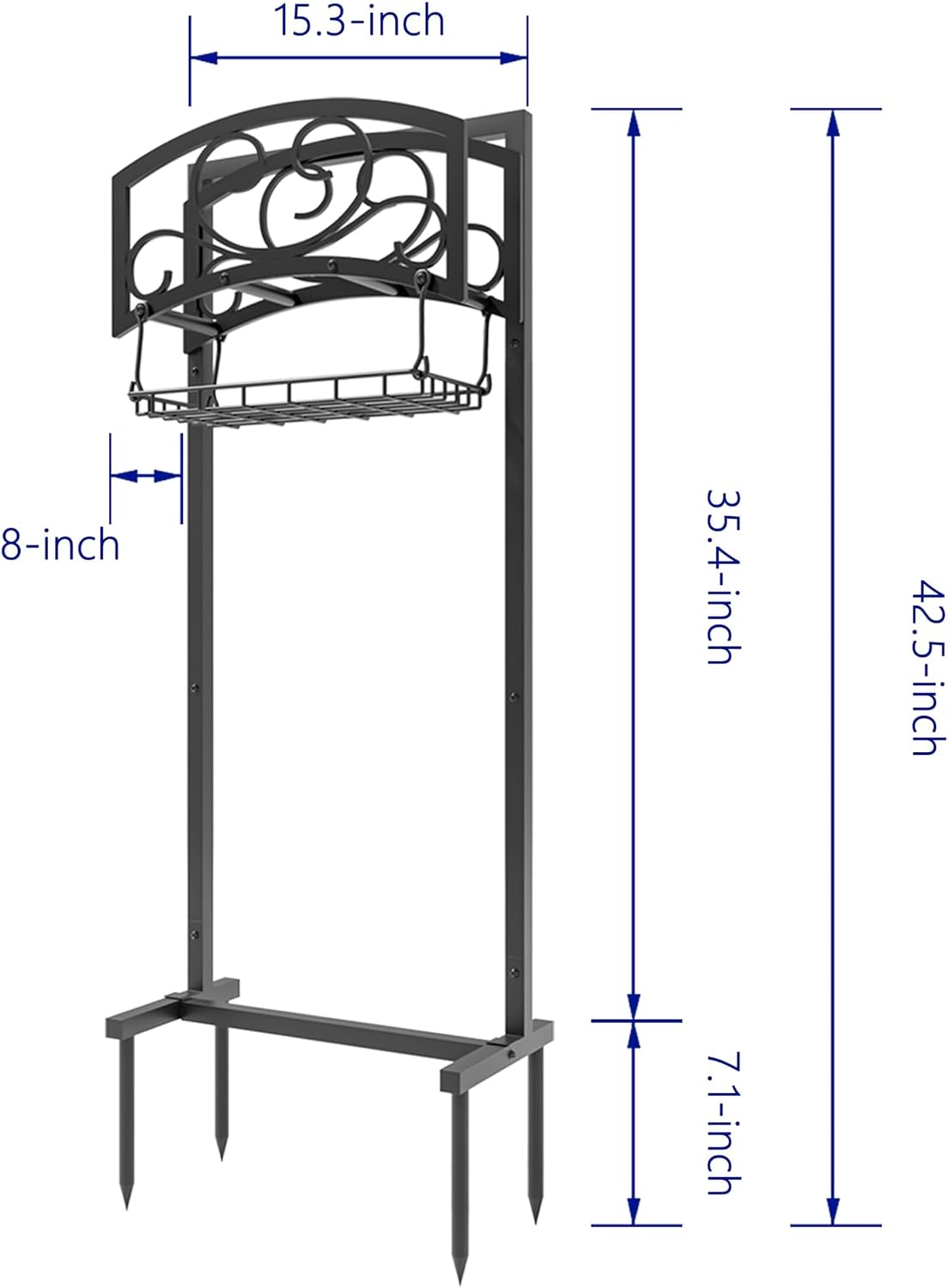 Freestanding Garden Hose Holder with Storage Basket - Heavy-Duty Black Powder-Coated Steel, Holds 150FT Hose, Detachable & Portable Design with Assembly Tools, Ideal for Outdoor Use