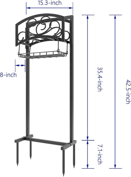 Freestanding Garden Hose Holder with Storage Basket - Heavy-Duty Black Powder-Coated Steel, Holds 150FT Hose, Detachable & Portable Design with Assembly Tools, Ideal for Outdoor Use