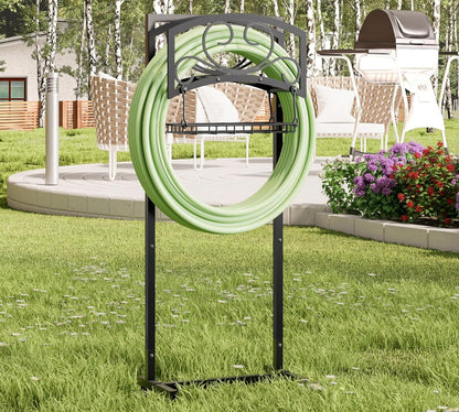 Freestanding Garden Hose Holder with Storage Basket - Heavy-Duty Black Powder-Coated Steel, Holds 150FT Hose, Detachable & Portable Design with Assembly Tools, Ideal for Outdoor Use