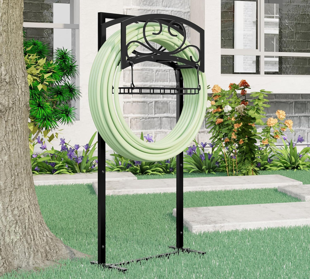 Freestanding Garden Hose Holder with Storage Basket - Heavy-Duty Black Powder-Coated Steel, Holds 150FT Hose, Detachable & Portable Design with Assembly Tools, Ideal for Outdoor Use