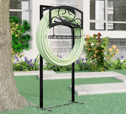 Freestanding Garden Hose Holder with Storage Basket - Heavy-Duty Black Powder-Coated Steel, Holds 150FT Hose, Detachable & Portable Design with Assembly Tools, Ideal for Outdoor Use