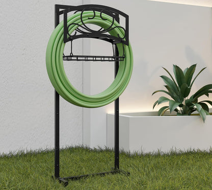 Freestanding Garden Hose Holder with Storage Basket - Heavy-Duty Black Powder-Coated Steel, Holds 150FT Hose, Detachable & Portable Design with Assembly Tools, Ideal for Outdoor Use