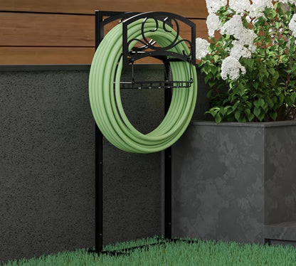 Freestanding Garden Hose Holder with Storage Basket - Heavy-Duty Black Powder-Coated Steel, Holds 150FT Hose, Detachable & Portable Design with Assembly Tools, Ideal for Outdoor Use