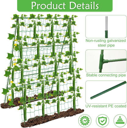 32 x 53 Inch Cucumber Trellis for Climbing Plants Outdoor A-Frame Garden Trellis for Raised Bed Detachable Sturdy Garden Plant Support Trellis for Small Plant Vegetable Flower Grape with Climbing Net