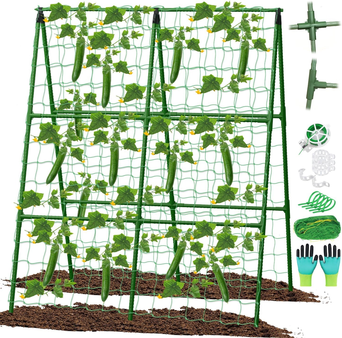 32 x 53 Inch Cucumber Trellis for Climbing Plants Outdoor A-Frame Garden Trellis for Raised Bed Detachable Sturdy Garden Plant Support Trellis for Small Plant Vegetable Flower Grape with Climbing Net