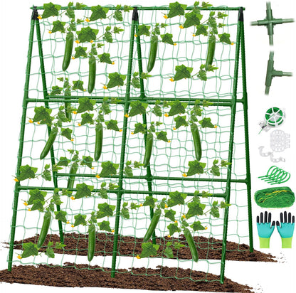 32 x 53 Inch Cucumber Trellis for Climbing Plants Outdoor A-Frame Garden Trellis for Raised Bed Detachable Sturdy Garden Plant Support Trellis for Small Plant Vegetable Flower Grape with Climbing Net
