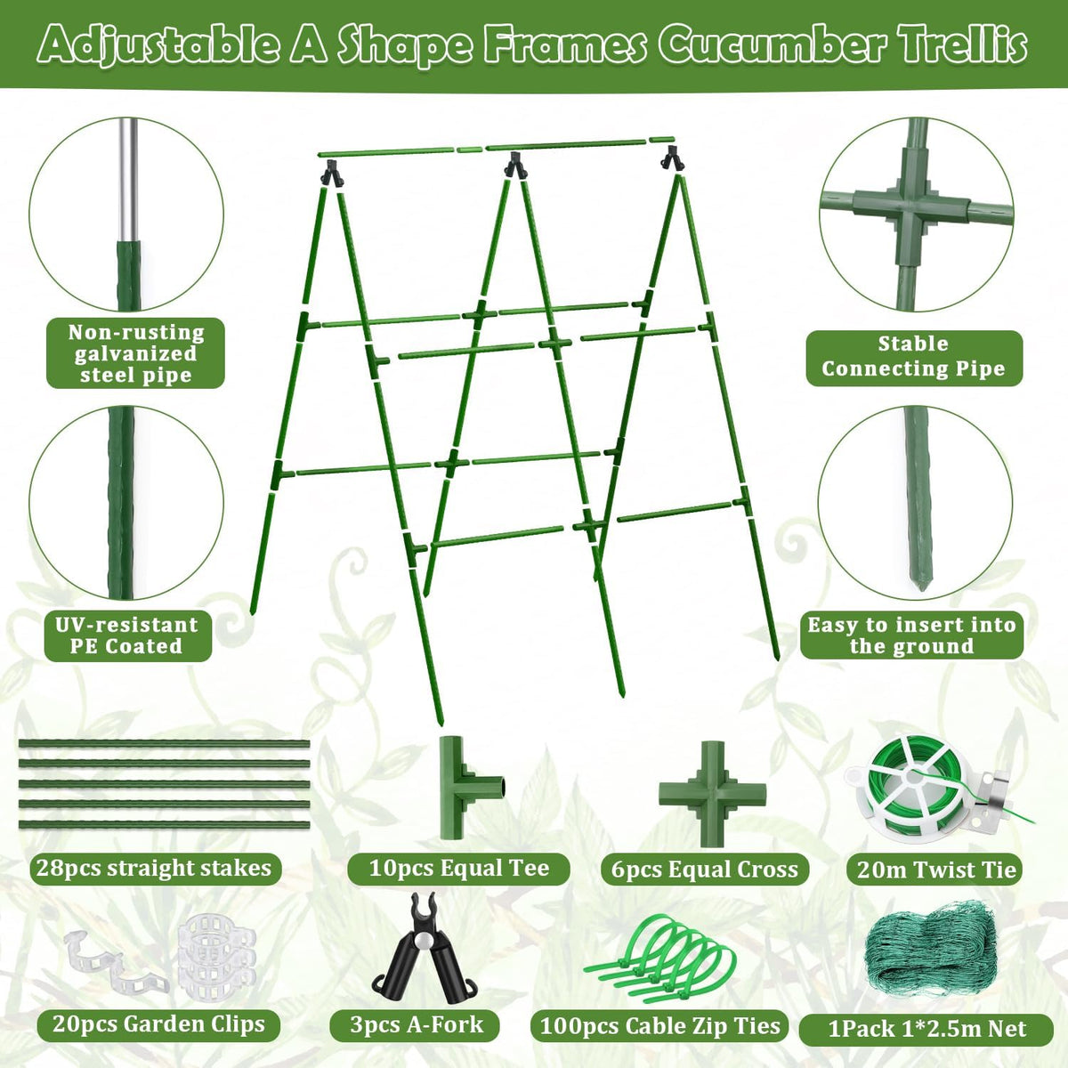 32 x 53 Inch Cucumber Trellis for Climbing Plants Outdoor A-Frame Garden Trellis for Raised Bed Detachable Sturdy Garden Plant Support Trellis for Small Plant Vegetable Flower Grape with Climbing Net
