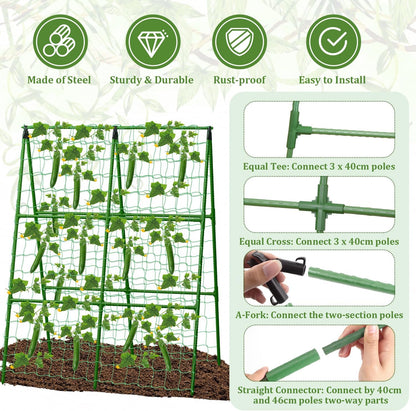 32 x 53 Inch Cucumber Trellis for Climbing Plants Outdoor A-Frame Garden Trellis for Raised Bed Detachable Sturdy Garden Plant Support Trellis for Small Plant Vegetable Flower Grape with Climbing Net