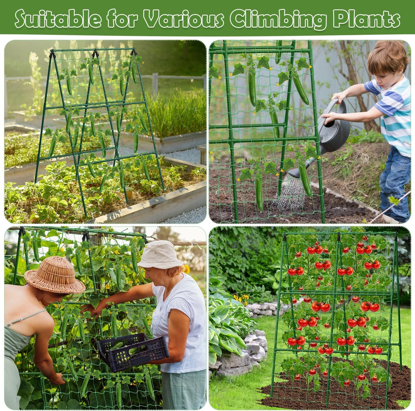32 x 53 Inch Cucumber Trellis for Climbing Plants Outdoor A-Frame Garden Trellis for Raised Bed Detachable Sturdy Garden Plant Support Trellis for Small Plant Vegetable Flower Grape with Climbing Net
