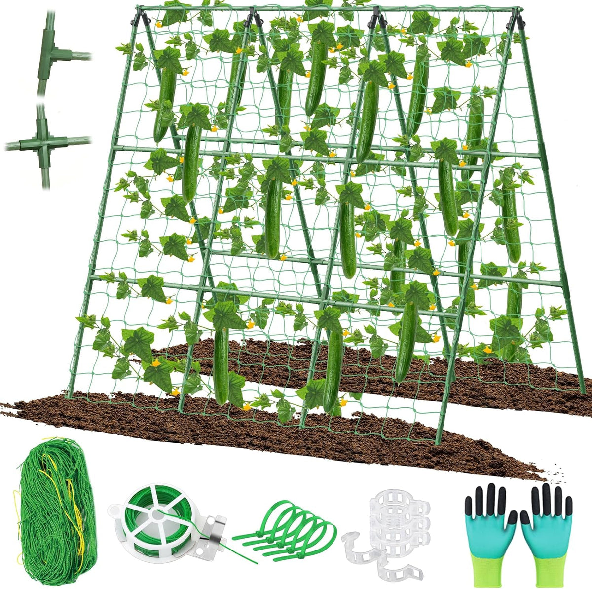 32 x 53 Inch Cucumber Trellis for Climbing Plants Outdoor A-Frame Garden Trellis for Raised Bed Detachable Sturdy Garden Plant Support Trellis for Small Plant Vegetable Flower Grape with Climbing Net
