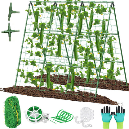 32 x 53 Inch Cucumber Trellis for Climbing Plants Outdoor A-Frame Garden Trellis for Raised Bed Detachable Sturdy Garden Plant Support Trellis for Small Plant Vegetable Flower Grape with Climbing Net