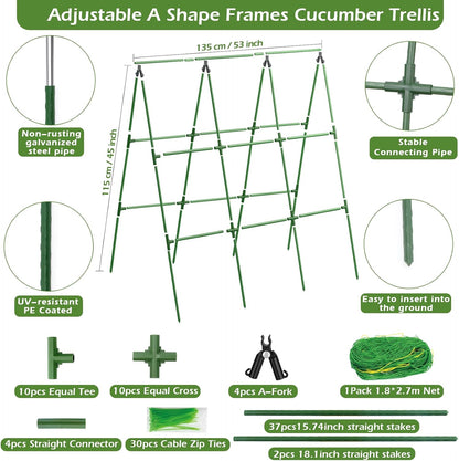 32 x 53 Inch Cucumber Trellis for Climbing Plants Outdoor A-Frame Garden Trellis for Raised Bed Detachable Sturdy Garden Plant Support Trellis for Small Plant Vegetable Flower Grape with Climbing Net
