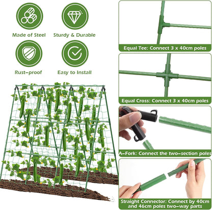 32 x 53 Inch Cucumber Trellis for Climbing Plants Outdoor A-Frame Garden Trellis for Raised Bed Detachable Sturdy Garden Plant Support Trellis for Small Plant Vegetable Flower Grape with Climbing Net