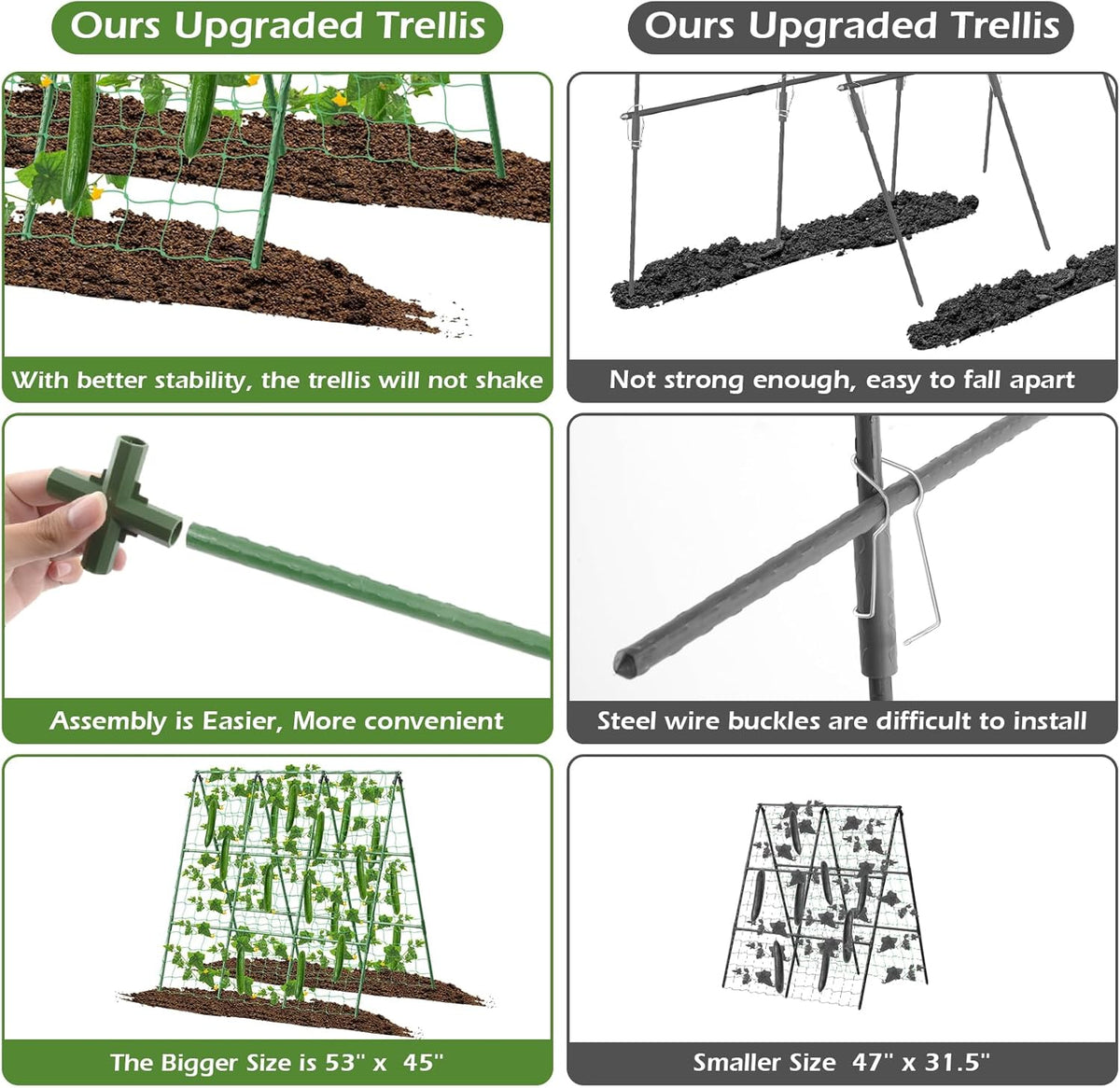 32 x 53 Inch Cucumber Trellis for Climbing Plants Outdoor A-Frame Garden Trellis for Raised Bed Detachable Sturdy Garden Plant Support Trellis for Small Plant Vegetable Flower Grape with Climbing Net