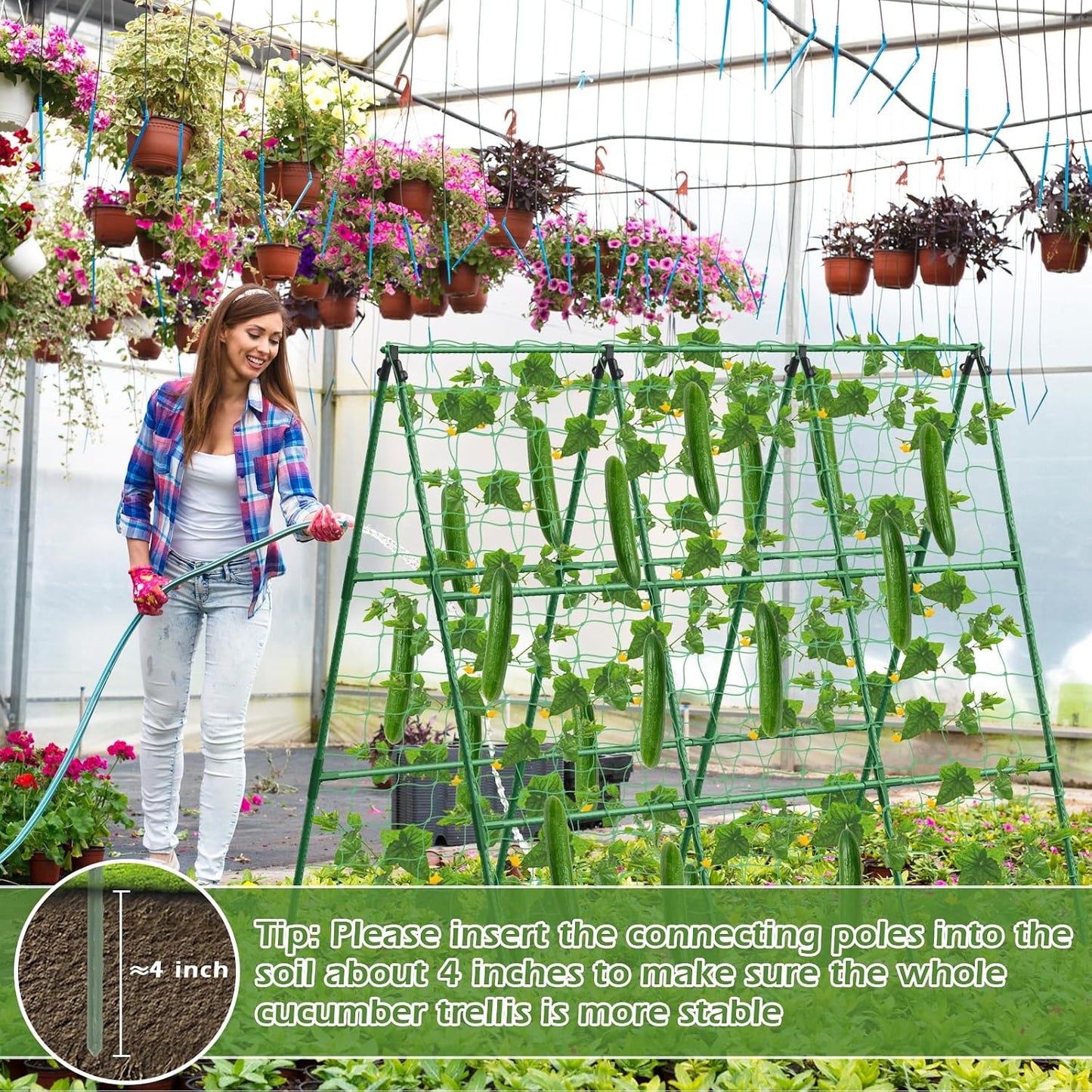 32 x 53 Inch Cucumber Trellis for Climbing Plants Outdoor A-Frame Garden Trellis for Raised Bed Detachable Sturdy Garden Plant Support Trellis for Small Plant Vegetable Flower Grape with Climbing Net