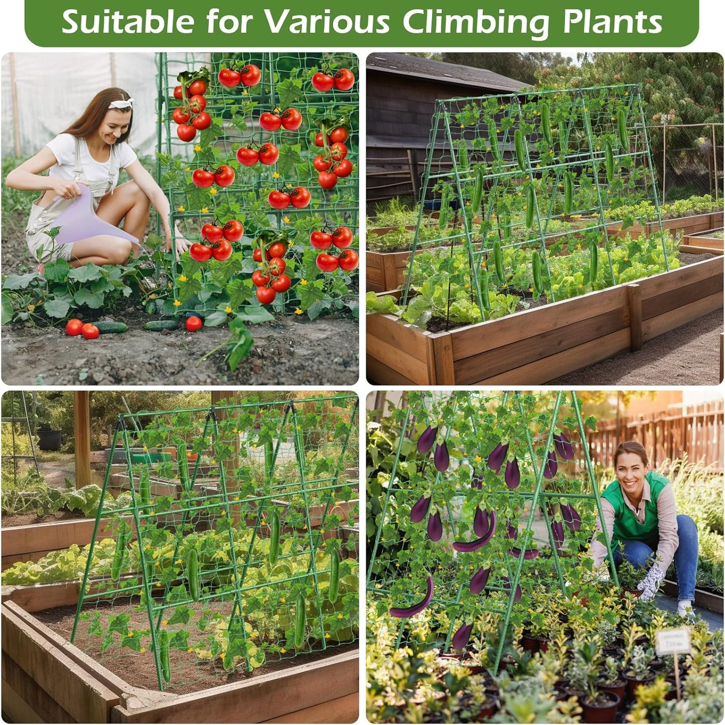 32 x 53 Inch Cucumber Trellis for Climbing Plants Outdoor A-Frame Garden Trellis for Raised Bed Detachable Sturdy Garden Plant Support Trellis for Small Plant Vegetable Flower Grape with Climbing Net