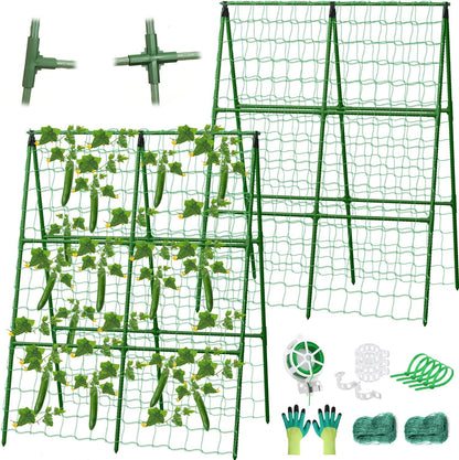 32 x 53 Inch Cucumber Trellis for Climbing Plants Outdoor A-Frame Garden Trellis for Raised Bed Detachable Sturdy Garden Plant Support Trellis for Small Plant Vegetable Flower Grape with Climbing Net