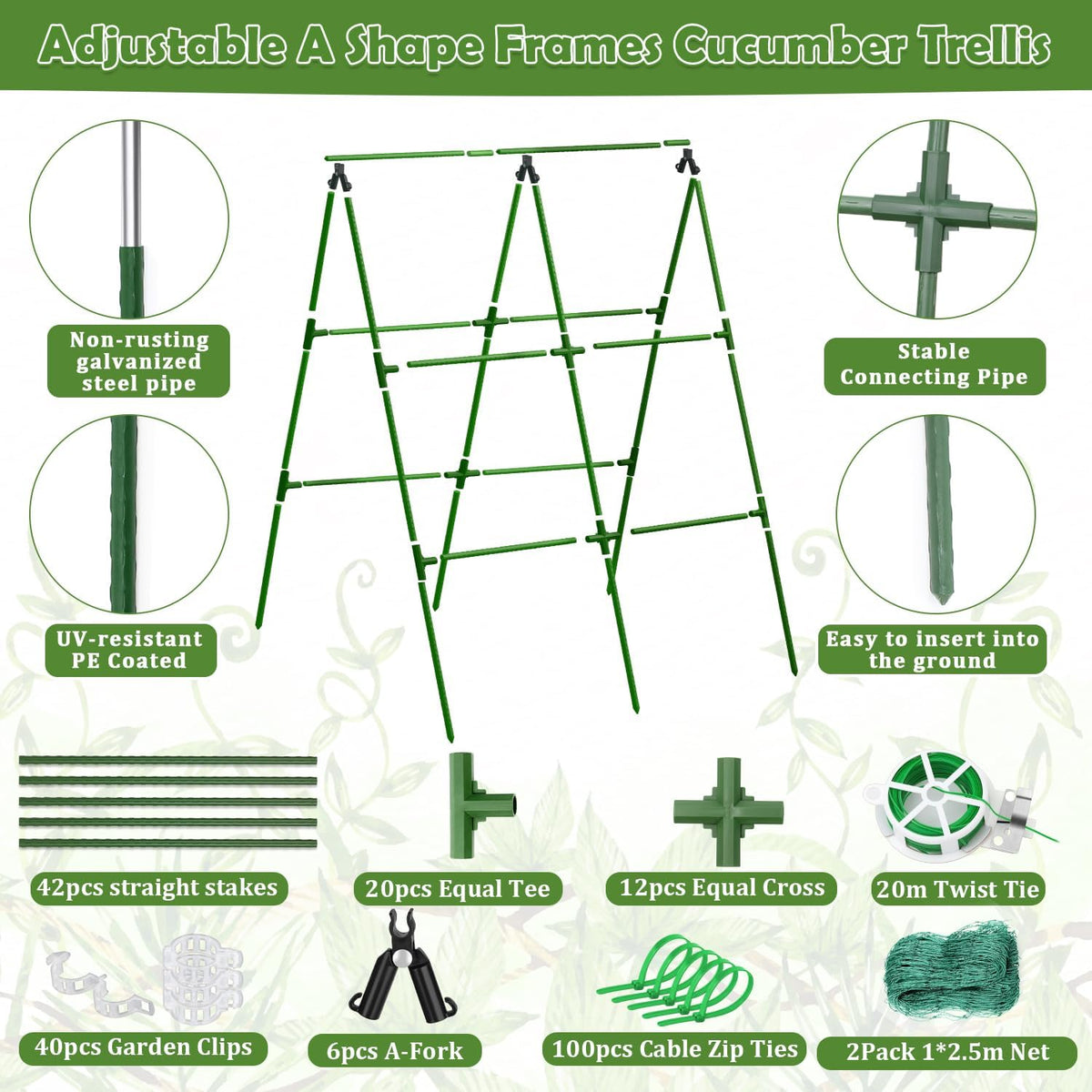 32 x 53 Inch Cucumber Trellis for Climbing Plants Outdoor A-Frame Garden Trellis for Raised Bed Detachable Sturdy Garden Plant Support Trellis for Small Plant Vegetable Flower Grape with Climbing Net