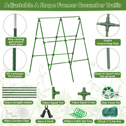 32 x 53 Inch Cucumber Trellis for Climbing Plants Outdoor A-Frame Garden Trellis for Raised Bed Detachable Sturdy Garden Plant Support Trellis for Small Plant Vegetable Flower Grape with Climbing Net