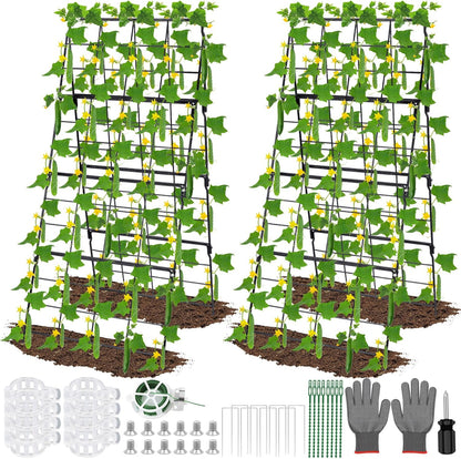 32 x 53 Inch Cucumber Trellis for Climbing Plants Outdoor A-Frame Garden Trellis for Raised Bed Detachable Sturdy Garden Plant Support Trellis for Small Plant Vegetable Flower Grape with Climbing Net