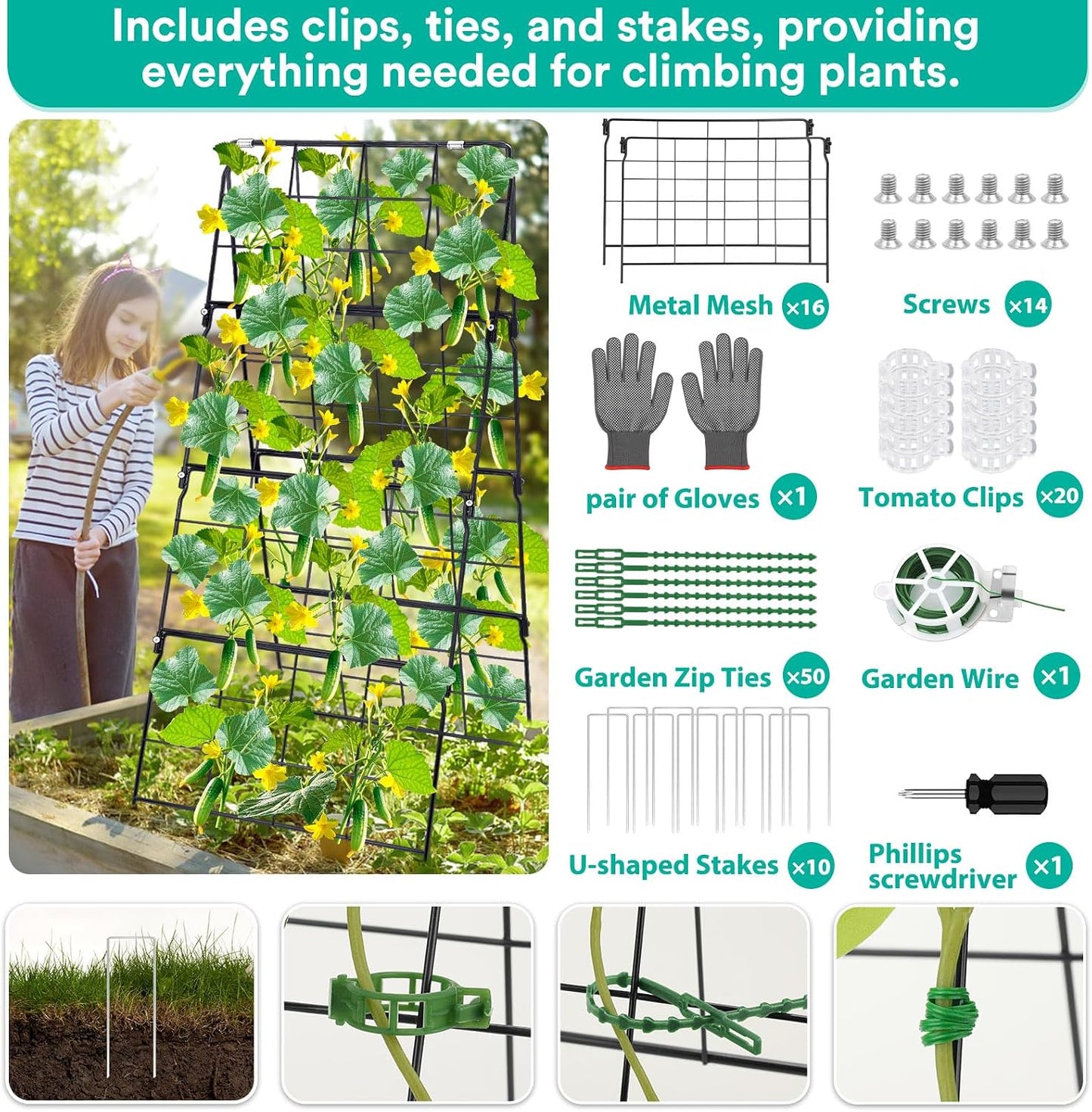 32 x 53 Inch Cucumber Trellis for Climbing Plants Outdoor A-Frame Garden Trellis for Raised Bed Detachable Sturdy Garden Plant Support Trellis for Small Plant Vegetable Flower Grape with Climbing Net