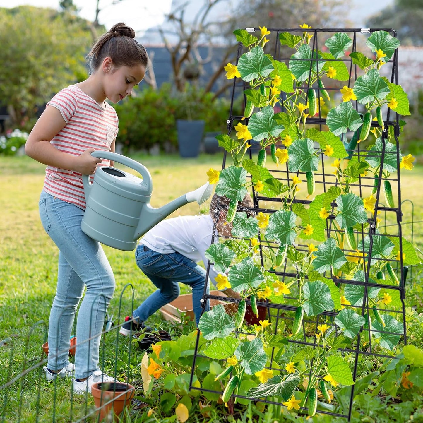 32 x 53 Inch Cucumber Trellis for Climbing Plants Outdoor A-Frame Garden Trellis for Raised Bed Detachable Sturdy Garden Plant Support Trellis for Small Plant Vegetable Flower Grape with Climbing Net