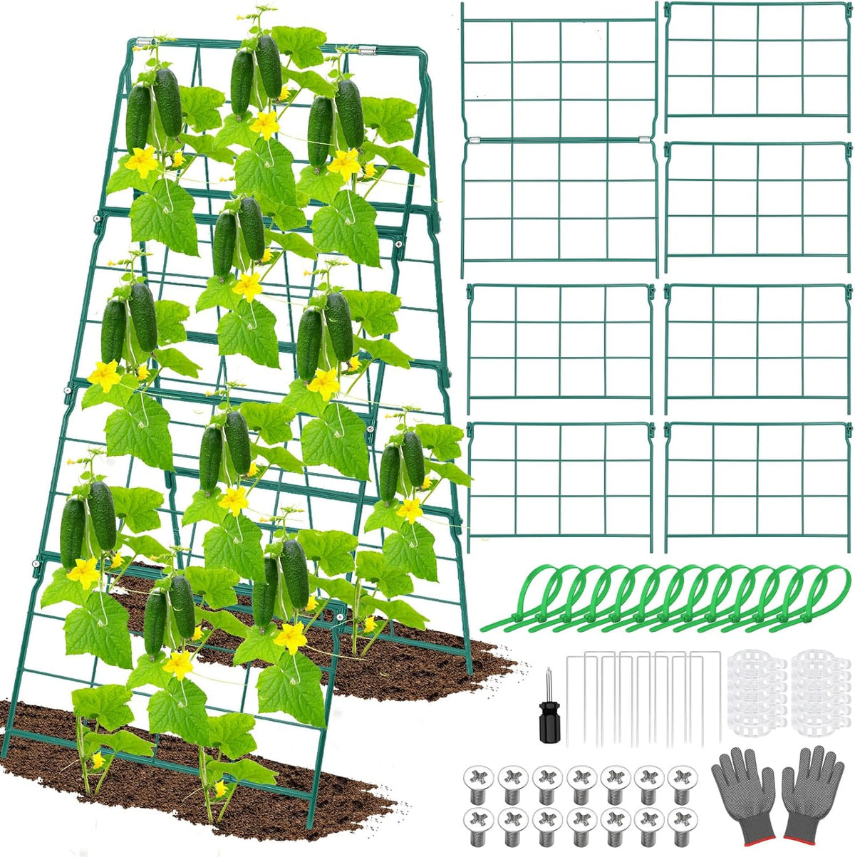 32 x 53 Inch Cucumber Trellis for Climbing Plants Outdoor A-Frame Garden Trellis for Raised Bed Detachable Sturdy Garden Plant Support Trellis for Small Plant Vegetable Flower Grape with Climbing Net