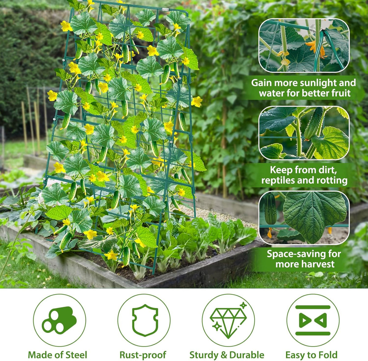 32 x 53 Inch Cucumber Trellis for Climbing Plants Outdoor A-Frame Garden Trellis for Raised Bed Detachable Sturdy Garden Plant Support Trellis for Small Plant Vegetable Flower Grape with Climbing Net