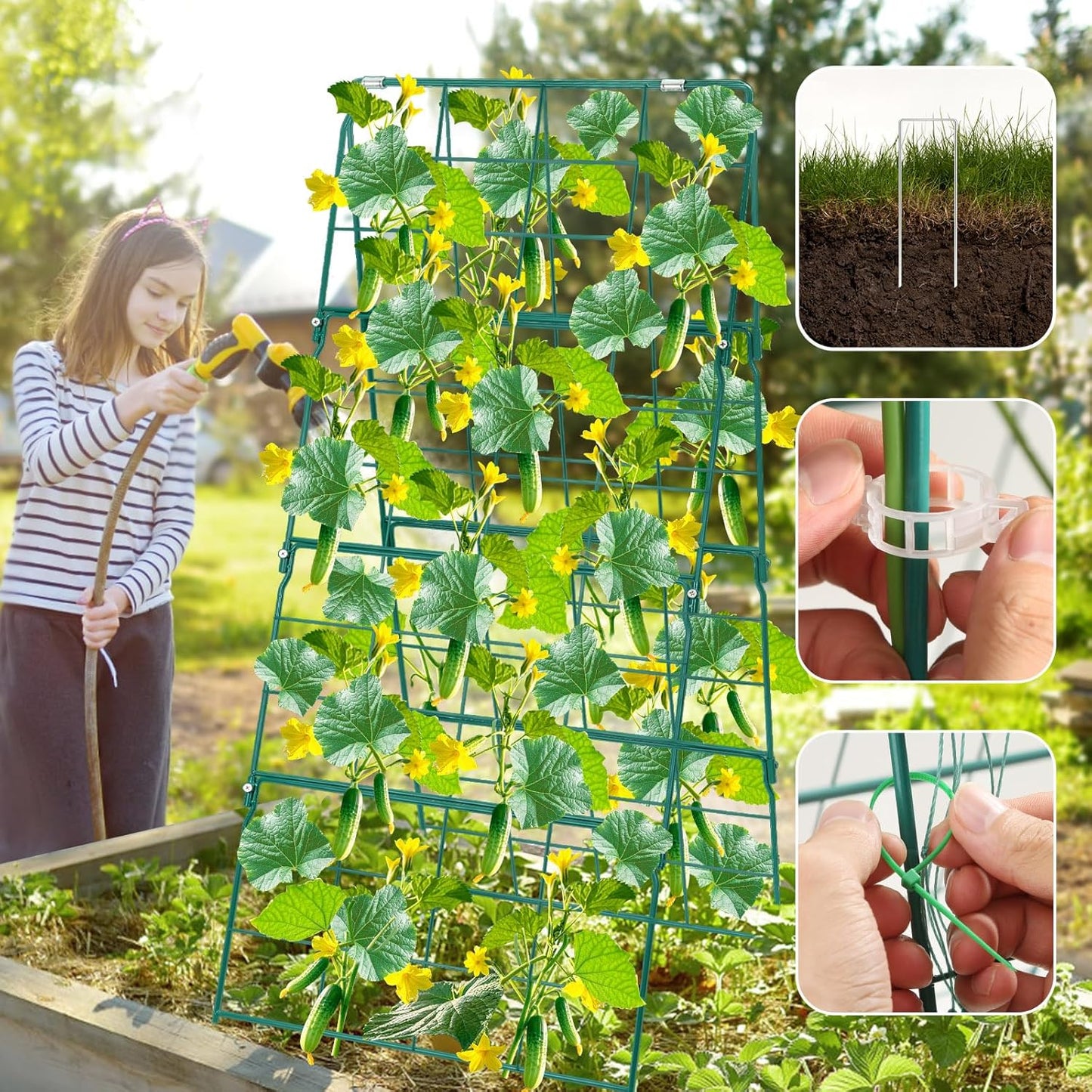 32 x 53 Inch Cucumber Trellis for Climbing Plants Outdoor A-Frame Garden Trellis for Raised Bed Detachable Sturdy Garden Plant Support Trellis for Small Plant Vegetable Flower Grape with Climbing Net
