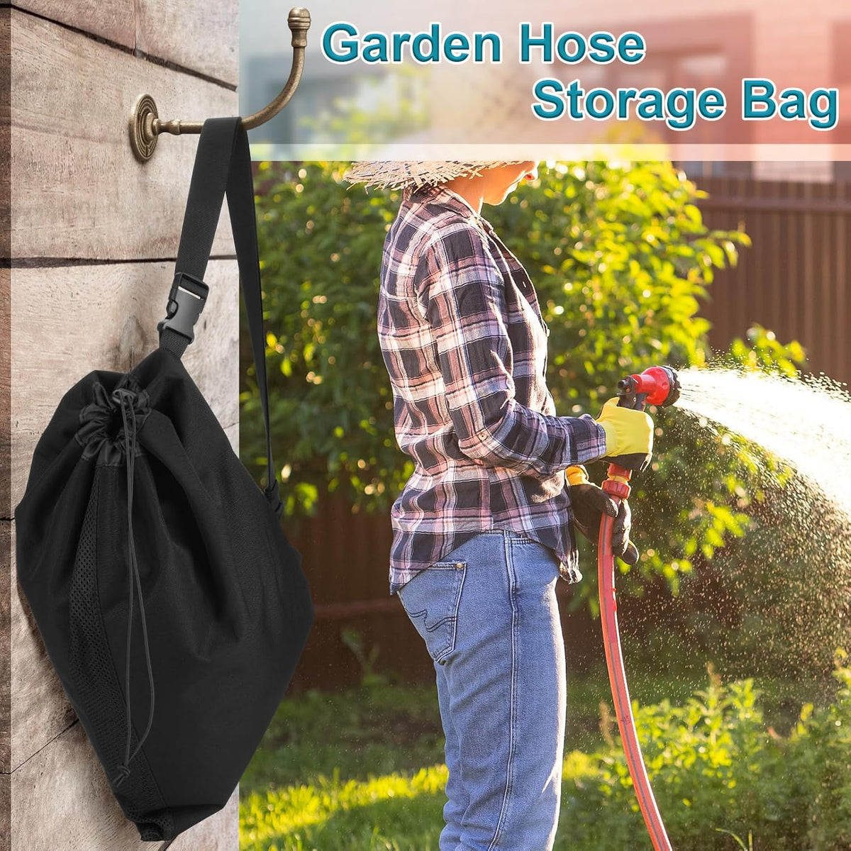 Expandable Garden Hose Storage Bag Heavy Duty Water Hose Organizer Portable Extension Hose Holder Carrying Case with Drawstring Closure, Carry Bag Only (Hose Not Included)