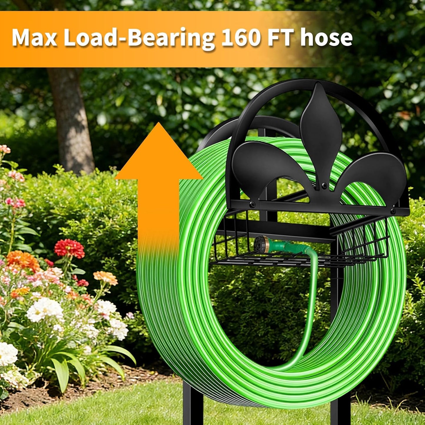 Garden Hose Holder, Water Hose Holders Stand Holds 160-Feet Freestanding Hose Reel Storage Hanger Rack for Outside Yard Lawn Farm