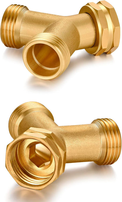 Garden hose splitter, Brass Y-Type Unrestricted Flow Fitting, Garden Faucet splitter (2-way full flow 2Pcs)