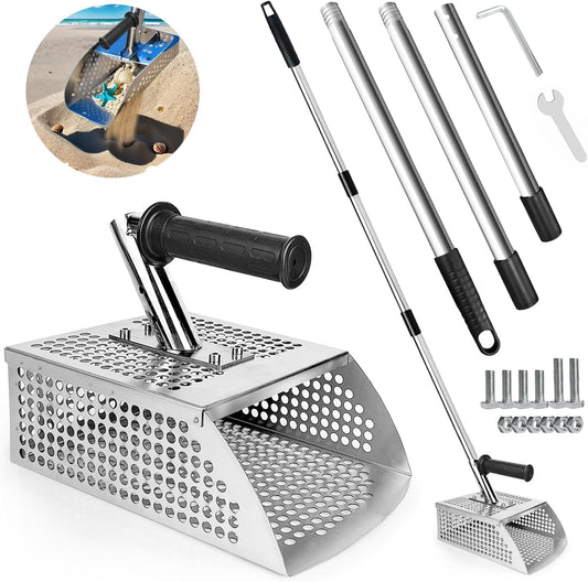 Sand Flea Rake - 51" Long Handle Sand Scoop - Detection Tool with Anti Slip Handle Heavy Duty Stainless Steel Metal Detecting Sand Scoop with Long Handle Ideal for Underwater Treasure Hunting