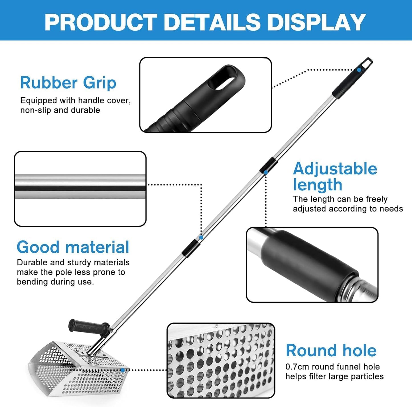 Sand Flea Rake - 51" Long Handle Sand Scoop - Detection Tool with Anti Slip Handle Heavy Duty Stainless Steel Metal Detecting Sand Scoop with Long Handle Ideal for Underwater Treasure Hunting