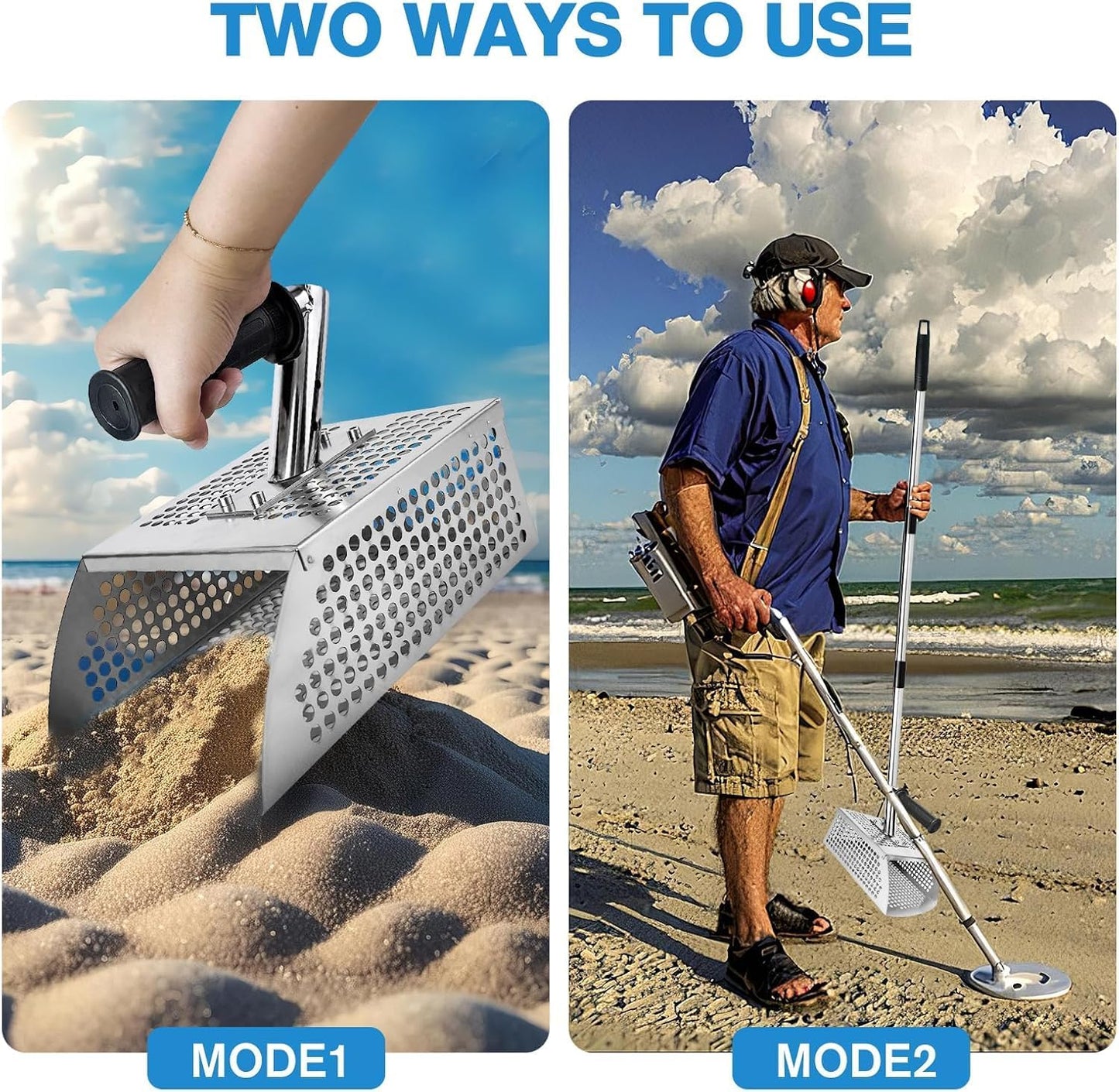 Sand Flea Rake - 51" Long Handle Sand Scoop - Detection Tool with Anti Slip Handle Heavy Duty Stainless Steel Metal Detecting Sand Scoop with Long Handle Ideal for Underwater Treasure Hunting