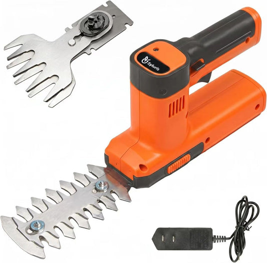 12V Cordless Hedge Trimmer & Grass Shear, 2-in-1 Electric Handheld Shrubbery Trimmer with Battery and Charger Included, Lightweight Garden Bush Cutter for Lawn & Yard Maintenance(Orange)