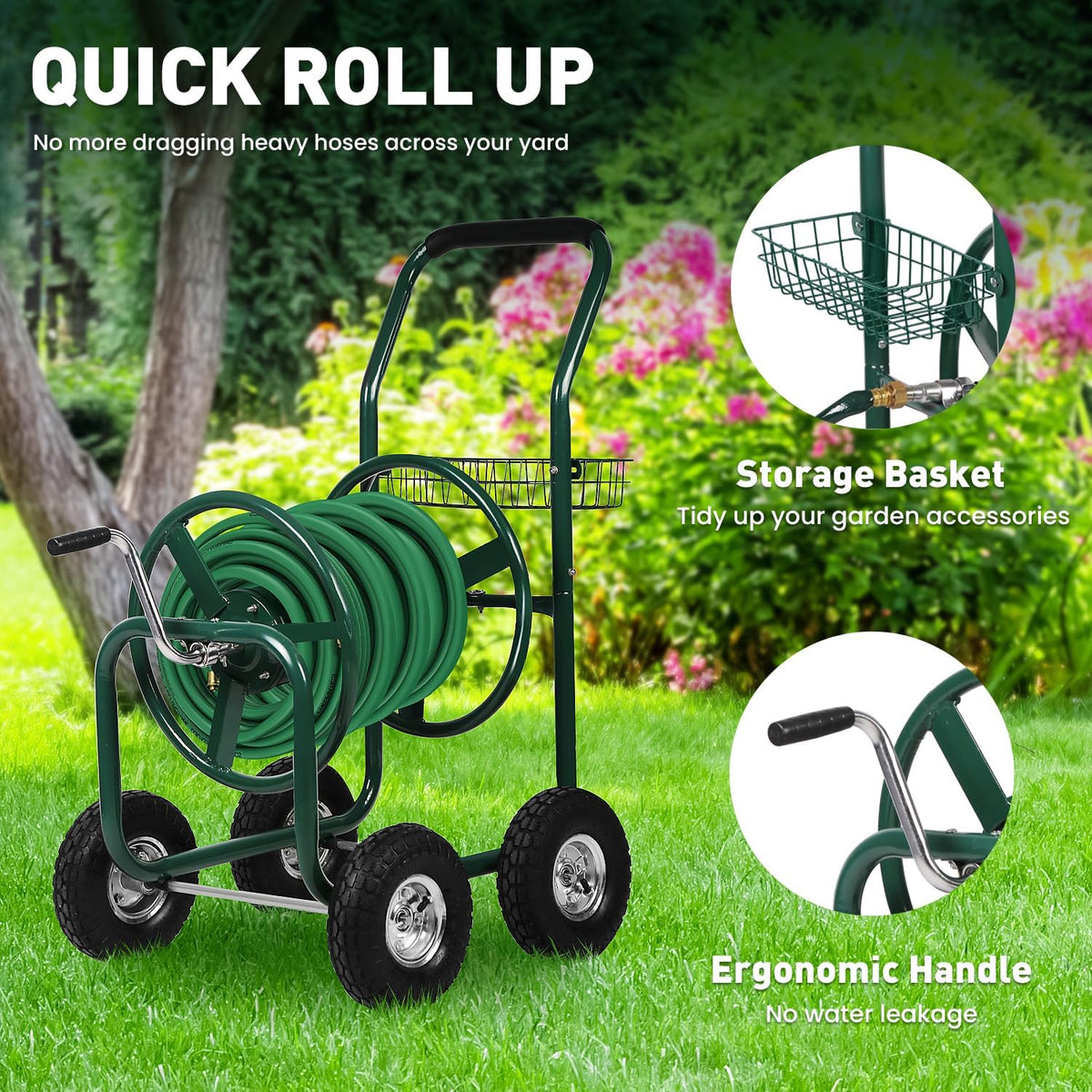 Garden Hose Reel Cart with Wheels, Holds 300-Feet of 5/8-Inch Hose, Heavy Duty Yard Water Planting 4 Wheels Outdoor Garden Lawn Water Truck with Storage Basket, Green