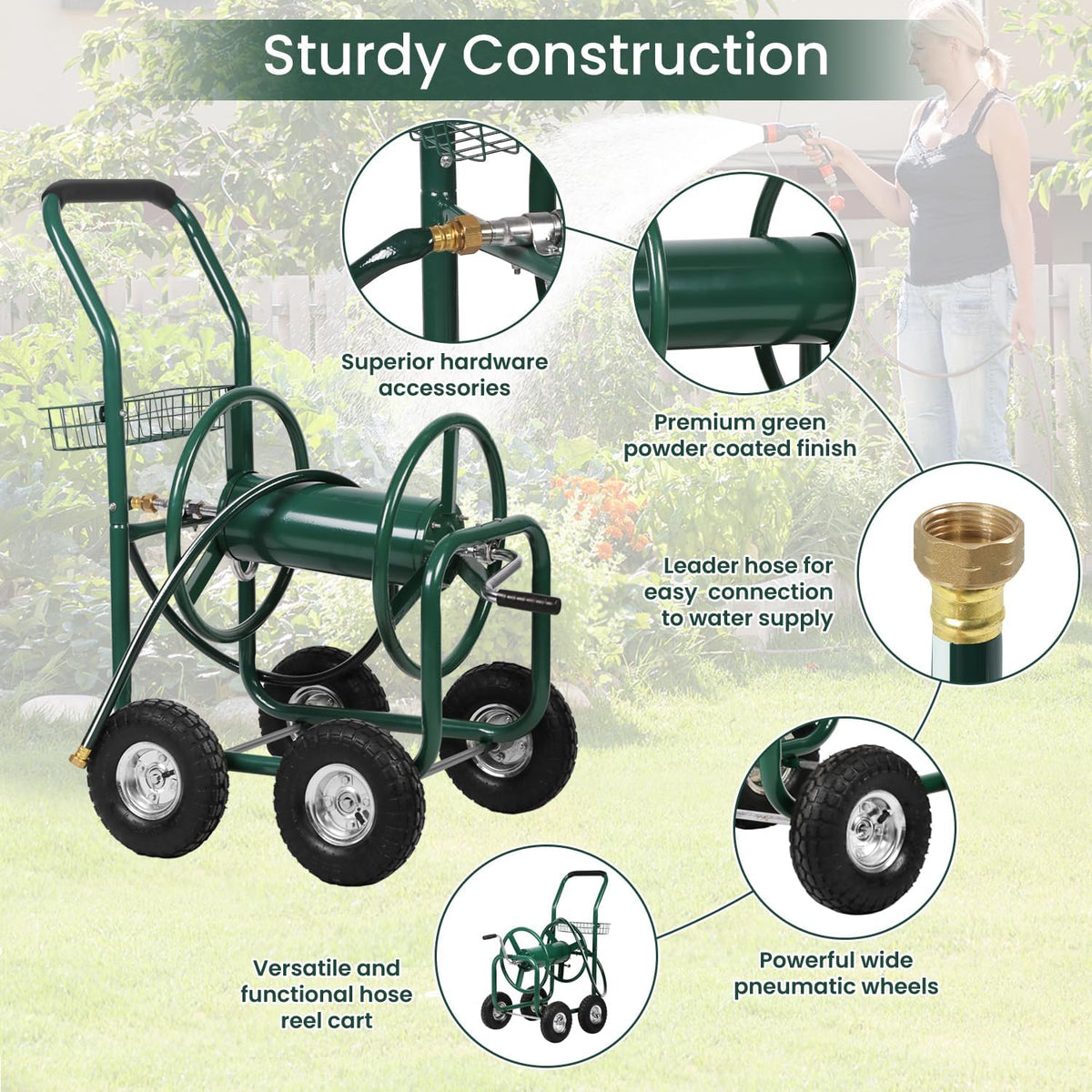 Garden Hose Reel Cart with Wheels, Holds 300-Feet of 5/8-Inch Hose, Heavy Duty Yard Water Planting 4 Wheels Outdoor Garden Lawn Water Truck with Storage Basket, Green