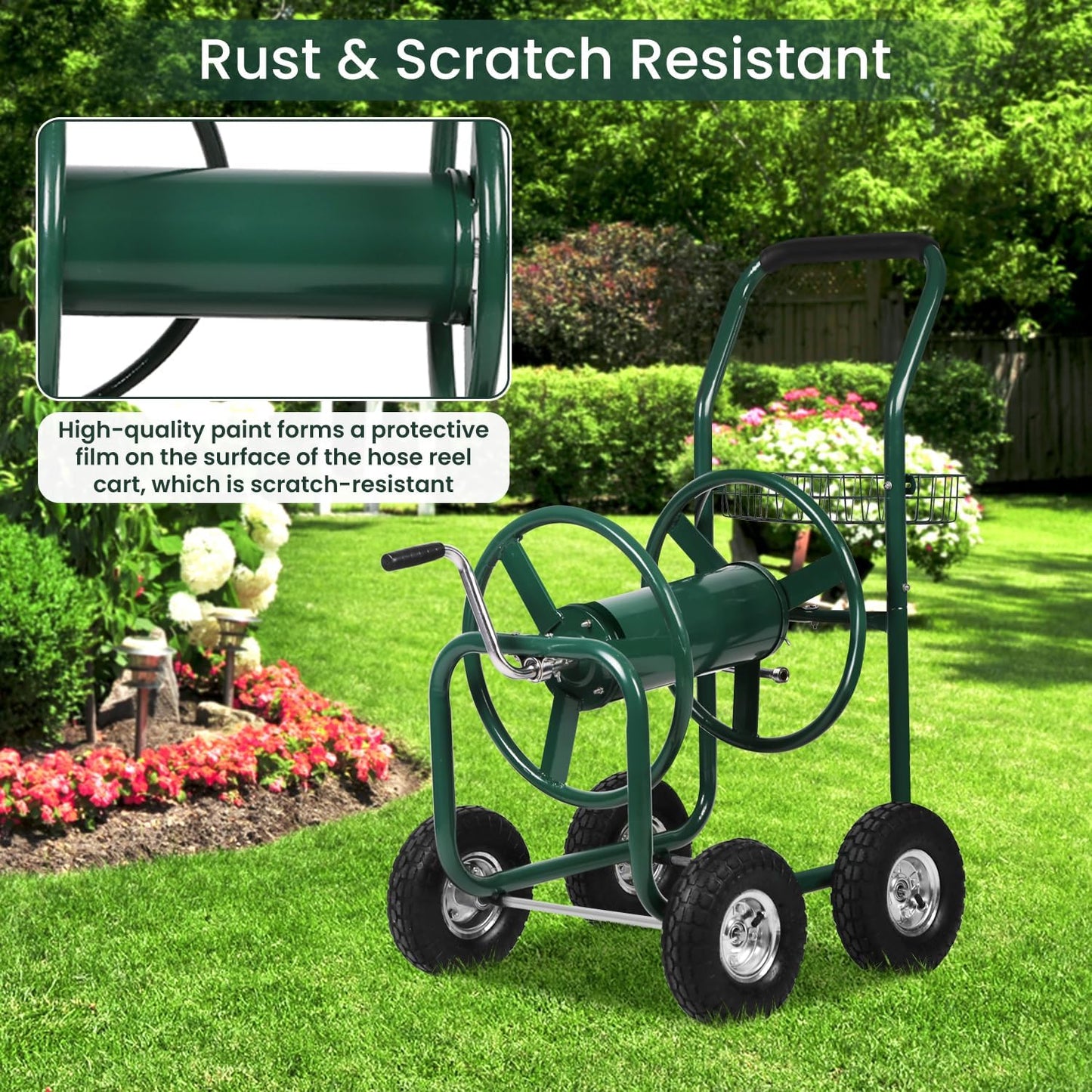 Garden Hose Reel Cart with Wheels, Holds 300-Feet of 5/8-Inch Hose, Heavy Duty Yard Water Planting 4 Wheels Outdoor Garden Lawn Water Truck with Storage Basket, Green